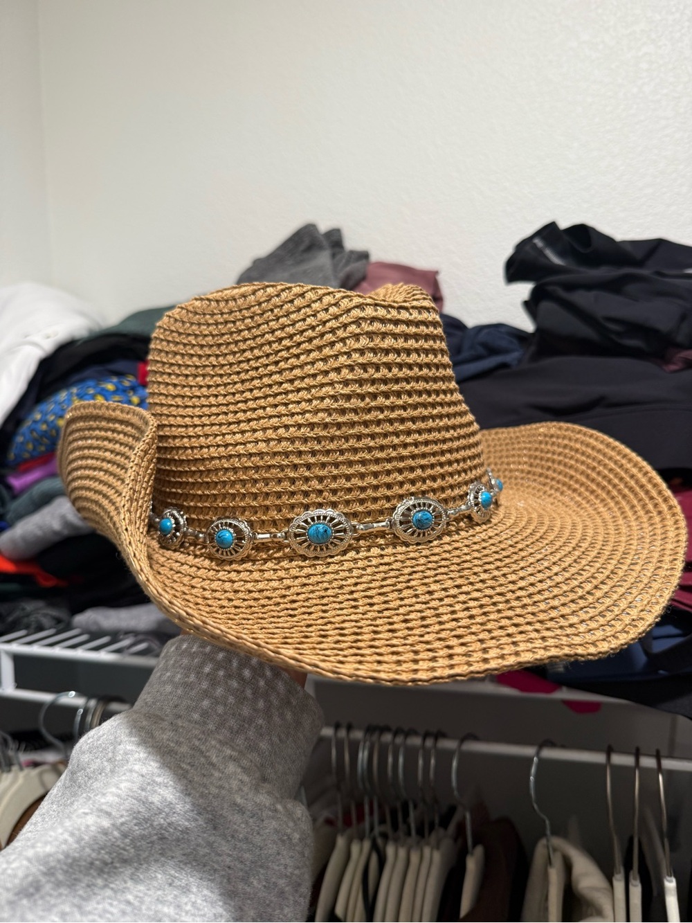 Anthropologie Tan Straw Cowboy Hat with Turquoise Concho Band